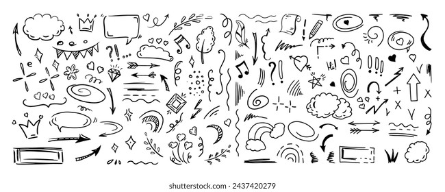 Elementos de estilo de línea de esbozo simples. Doodle lindo lápiz de tinta elementos de línea aislados sobre fondo blanco. Doodle flecha, corazón, estrella, símbolo de decoración, conjunto de iconos. Ilustración vectorial.	