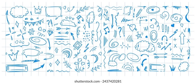 Simple sketch line style elements. Doodle cute ink pen line elements isolated on background of checkered notebook sheet. Doodle arrow, heart, star, decoration symbol, blue icon set. Vector