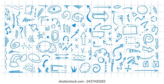 Simple sketch line style elements. Doodle cute ink pen line elements isolated on background of checkered notebook sheet. Doodle arrow, heart, star, decoration symbol, blue icon set. Vector