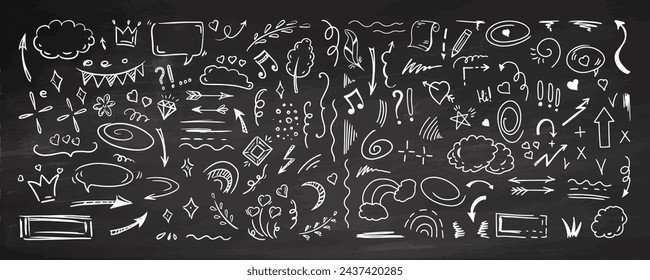 Simple sketch line style elements. Doodle cute ink pen line elements isolated on chalkboard background. Doodle arrow, heart, star, decoration symbol, white icon set. Vector illustration.