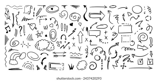Simple sketch line style elements. Doodle cute ink pen line elements isolated on white background. Doodle arrow, heart, star, decoration symbol, icon set. Vector illustration.	