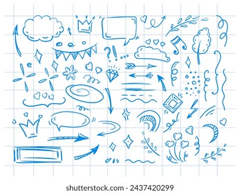 Simple sketch line style elements. Doodle cute ink pen line elements isolated on background of checkered notebook sheet. Doodle arrow, heart, star, decoration symbol, blue icon set. Vector 