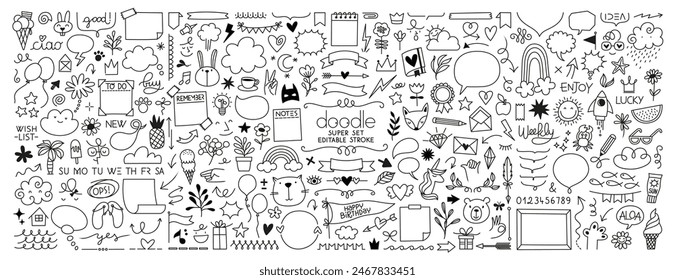 Simple sketch line style elements. Doodle cute ink pen line elements isolated on white background. Doodle arrow, heart, star, decoration symbol, icon set. Vector illustration