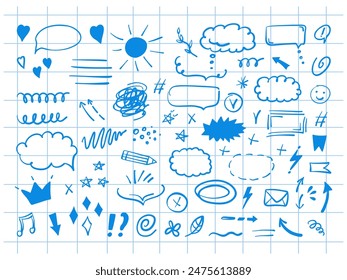 Simple sketch line style elements. Doodle cute ink pen line elements isolated on background of checkered notebook sheet. Doodle arrow, heart, star, decoration symbol, blue icon set. Vector