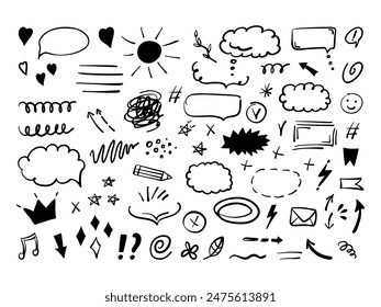 Simple sketch line style elements. Doodle cute ink pen line elements isolated on white background. Doodle arrow, heart, star, decoration symbol, icon set. Vector illustration.