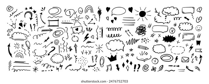 Einfache Skizzenlinien-Stil-Elemente. Doodle niedliche Tinte Stift Linie Elemente isoliert auf weißem Hintergrund. Doodle Pfeil, Herz, Stern, Dekoration Symbol, Icon Set. Vektorillustration.