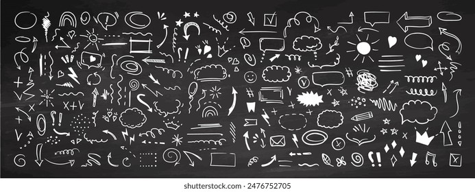 Simple sketch line style elements. Doodle cute ink pen line elements isolated on chalkboard  background. Doodle arrow, heart, star, decoration symbol, icon set. Vector illustration.