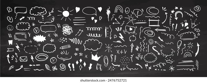 Simple sketch line style elements. Doodle cute ink pen line elements isolated on chalkboard  background. Doodle arrow, heart, star, decoration symbol, icon set. Vector illustration.