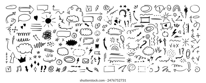 Simple sketch line style elements. Doodle cute ink pen line elements isolated on white background. Doodle arrow, heart, star, decoration symbol, icon set. Vector illustration.