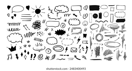 Simple sketch line style elements. Doodle cute ink pen line elements isolated on white background. Doodle arrow, heart, star, decoration symbol, icon set. Vector illustration.