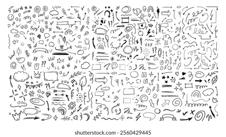 Simple sketch line style elements. Doodle cute ink pen line elements isolated on white background. Doodle arrow, heart, star, decoration symbol, icon set. Vector illustration.