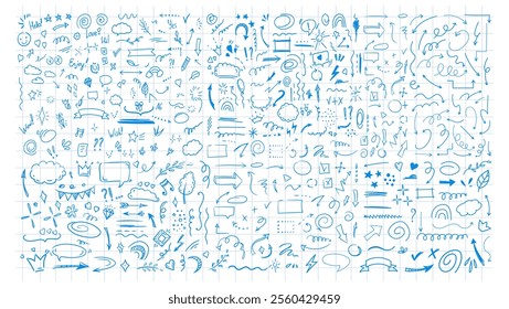 Simple sketch line style elements. Doodle cute ink pen line elements isolated on white background. Doodle arrow, heart, star, decoration symbol, icon set. Vector illustration.