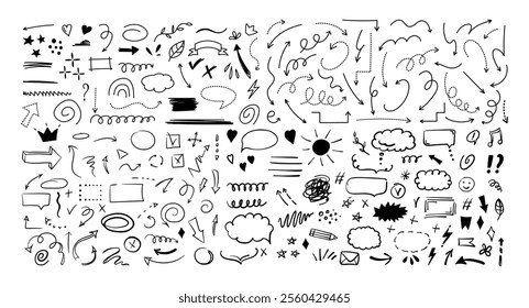 Simple sketch line style elements. Doodle cute ink pen line elements isolated on white background. Doodle arrow, heart, star, decoration symbol, icon set. Vector illustration.	