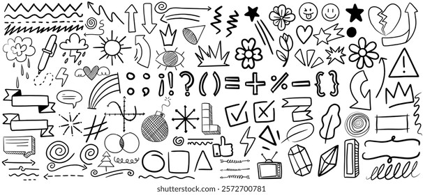 Simple sketch line style elements. Doodle cute ink pen line elements isolated on white background. Doodle arrow, heart, star, decoration symbol, icon set. Vector illustration of kids pencil drawing. 