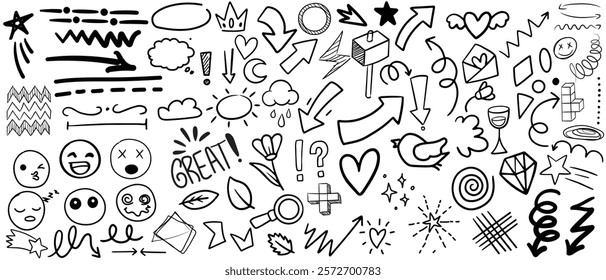 Simple sketch line style elements. Doodle cute ink pen line elements isolated on white background. Doodle arrow, heart, star, decoration symbol, icon set. Vector illustration of kids pencil drawing. 