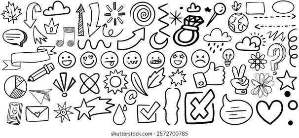 Simple sketch line style elements. Doodle cute ink pen line elements isolated on white background. Doodle arrow, heart, star, decoration symbol, icon set. Vector illustration of kids pencil drawing. 