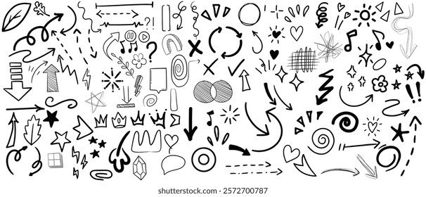 Simple sketch line style elements. Doodle cute ink pen line elements isolated on white background. Doodle arrow, heart, star, decoration symbol, icon set. Vector illustration of kids pencil drawing. 