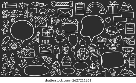 Simple sketch line style elements. Doodle cute pen line elements isolated on black and white landscapes background. Doodle heart, bubble, decoration symbol, white icon set. Vector illustration.