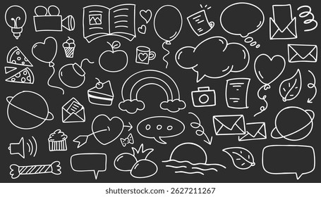 Simple sketch line style elements. Doodle cute pen line elements isolated on black and white landscapes background. Doodle heart, bubble, decoration symbol, white icon set. Vector illustration.