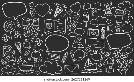 Simple sketch line style elements. Doodle cute pen line elements isolated on black and white landscapes background. Doodle heart, bubble, decoration symbol, white icon set. Vector illustration.