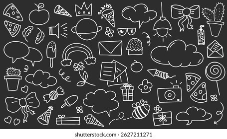 Simple sketch line style elements. Doodle cute pen line elements isolated on black and white landscapes background. Doodle heart, bubble, decoration symbol, white icon set. Vector illustration.