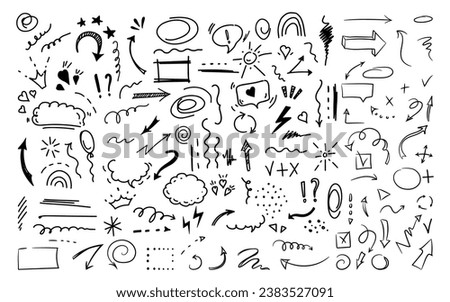 Simple sketch line style elements. Doodle cute ink pen line elements isolated on white background. Doodle arrow, heart, star, sparkle decoration symbol icon set. Vector illustration.