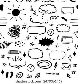 Simple boceto estilo de línea patrón sin fisuras. Doodle lindos Elementos de la línea de la pluma de tinta. Doodle flecha, corazón, estrella, símbolo de decoración, icono. Ilustración vectorial.
