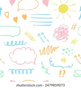 Simple sketch line style seamless pattern. Doodle cute ink pen line elements. Doodle arrow, heart, star, decoration symbol, icon. Vector illustration.