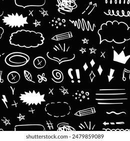 Simple sketch line style seamless pattern on chalkboard background. Doodle cute ink pen line elements. Doodle arrow, heart, star, decoration symbol, icon. Vector illustration.