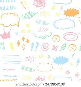 Simple sketch line style seamless pattern. Doodle cute ink pen line elements. Doodle arrow, heart, star, decoration symbol, icon. Vector illustration.