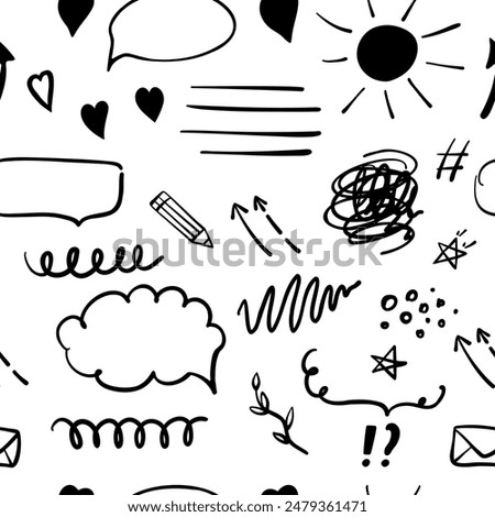 Simple sketch line style seamless pattern. Doodle cute ink pen line elements. Doodle arrow, heart, star, decoration symbol, icon. Vector illustration.