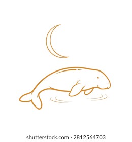 A simple sketch of a manatee or sea cow swimming in calm water with a stylized crescent moon above it