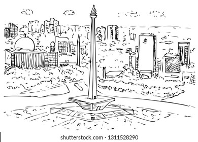 simple sketch of monas, jakarta indonesia capital city icon and other building