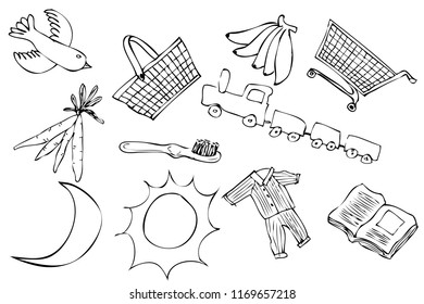 simple sketch non categorized item, banana, shopping cart, train, brush, book, cloth, carrot, moon and sun