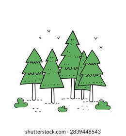 A simple sketch of pine trees with green foliage and brown trunks with small bushes and birds in the air