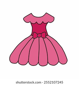 Un boceto sencillo de un vestido rosa con una cinta. El vestido tiene mangas cortas y una falda acampanada que luce lujoso.