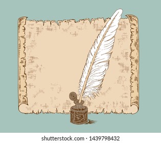 A simple sketch with a quill pen and inkwell. Old paper scroll with space for text. Vector image hand drawn in vintage style