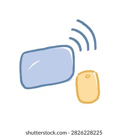 A simple sketch of a rectangular wireless electronic device receiving a signal next to a small yellow transmitter or button icon on a white background