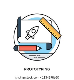 Simple sketch of a rocket on a paper with ruler and pencil giving prototyping icon