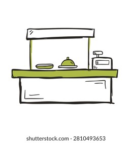 A simple sketch of a service counter featuring a plate, a food warmer, and a point of sale terminal in a minimalist doodle style.