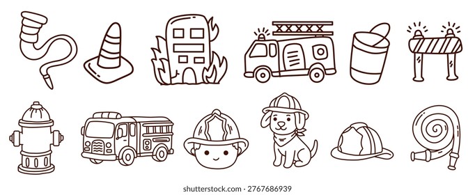 simple sketch set of rescue equipment buildings on fire and firefighter characters