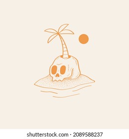 Simple sketch skull island design. Death island, skull palm tree, sun and sea. Summer vibes illustration.