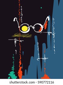 Simple sketch of spectacles isolated on scribble dark abstract background, Hand drawn vector illustration
