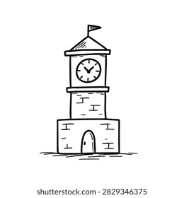 A simple sketch of a stone tower with a clock face on top and a small door at the base isolated on a white background