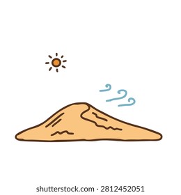 A simple sketch style cartoon of a desert sand dune with the sun shining and wind lines depicting a breezy environment.