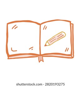 A simple sketch style drawing of an open journal or diary featuring a pencil placed on the paper, isolated on a plain background