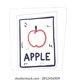 A simple sketch style drawing of a red apple fruit centered on a rectangular card with the word APPLE written below it in a playful font.