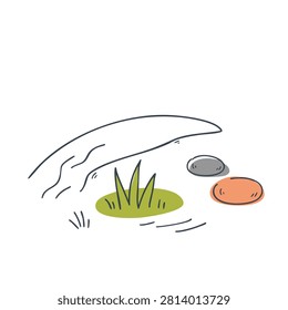 A simple sketch style drawing showing a flowing water stream with a patch of green grass and two smooth colorful stones.