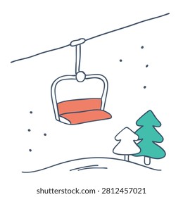 A simple sketch style drawing of a single chairlift seat suspended on a cable above snow covered ground with evergreen trees in the background