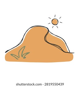 A simple sketch style graphic showing a sand dune under a sun with a small tuft of grass on a white background